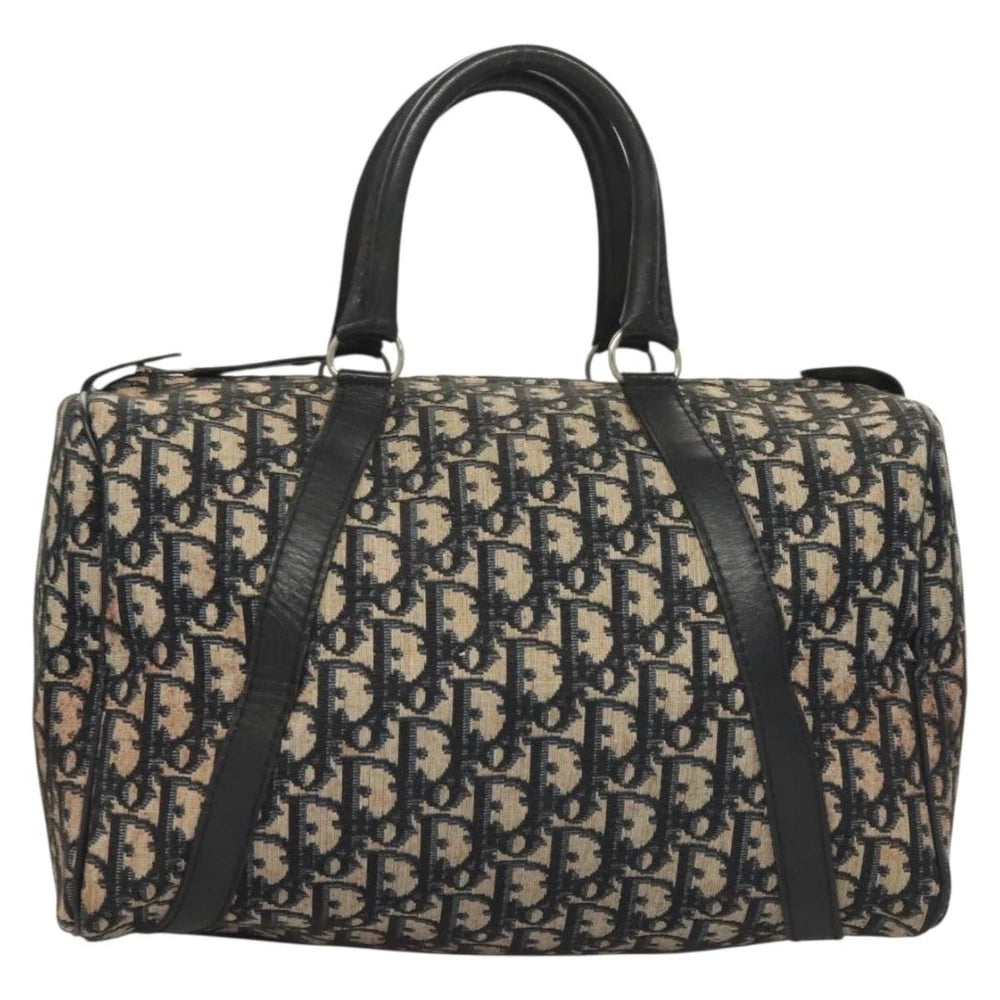 Vintage navy Dior Boston Bag made of Trotter Canvas, size 30 with black leather straps, produced in France.